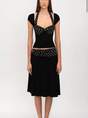 Black Polka Dot Trim A-Line Skirt